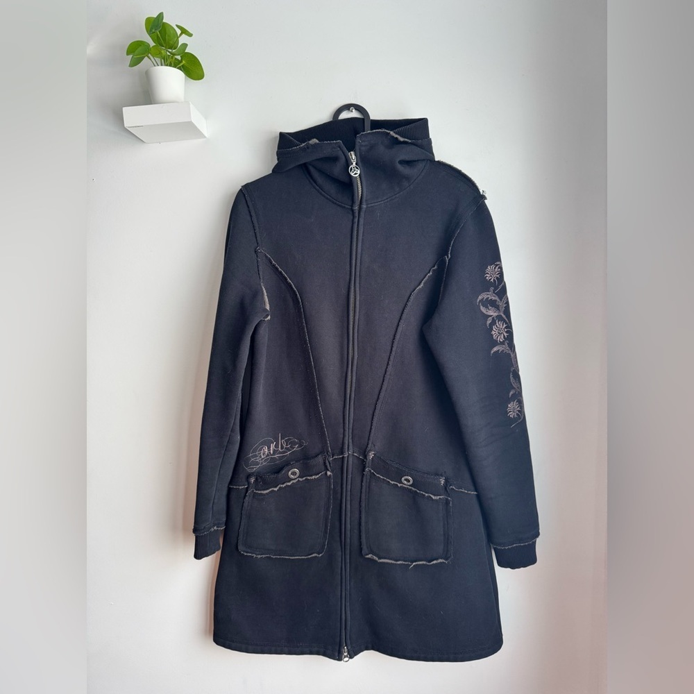 Orb Women's Black Embroidered Long Full Zip Hoodie
